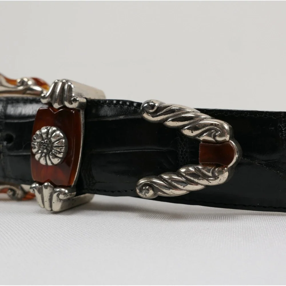 VTG Brighton Black Leather Croc Belt Amber Inlay Embossed Silver Buckle '96‎ USA